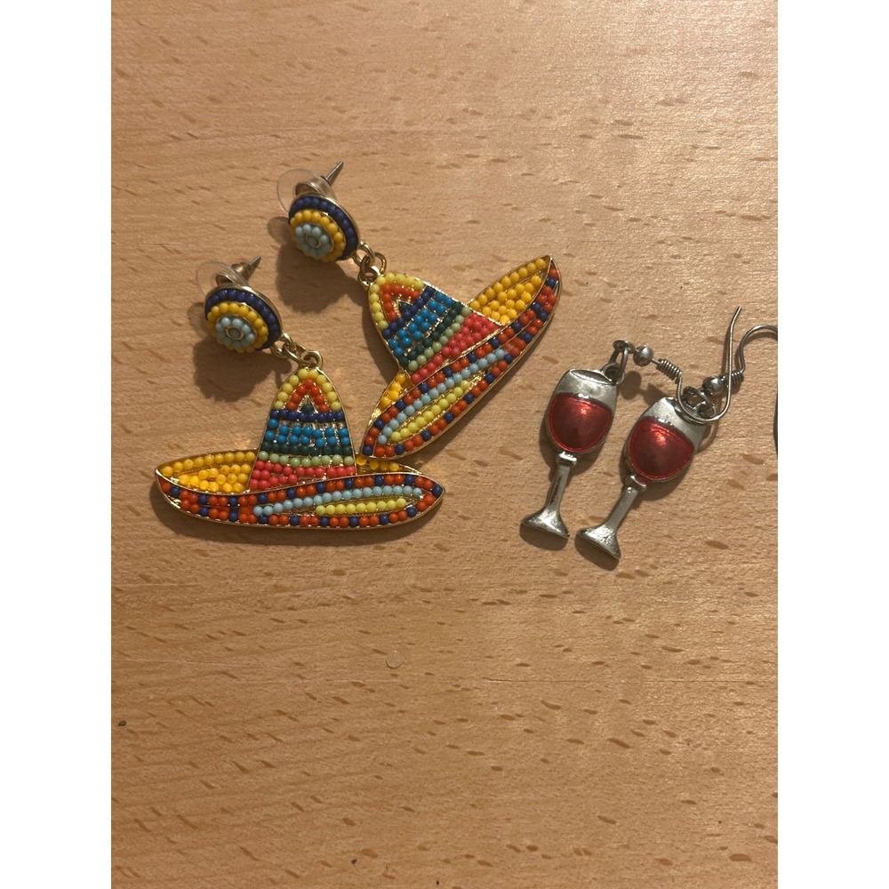 Novelty Earring Set Beaded Sombrero Fiesta & Red Wine Glass Dangle Earrings